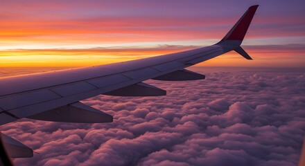 Obraz premium Airplane wing seen from the passenger window, flying over a sea of fluffy clouds during a vibrant sunset, with golden and orange tones illuminating the sky, a high-altitude travel scene, serene and 