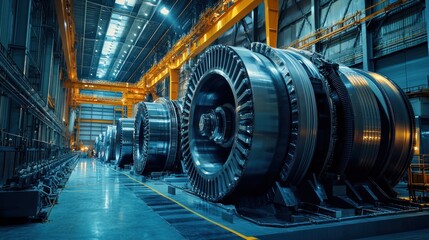 Massive turbine generators spinning at a hydroelectric dam facility.