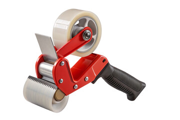 Red handheld tape dispenser with rolls of transparent tape isolated on a plain black background