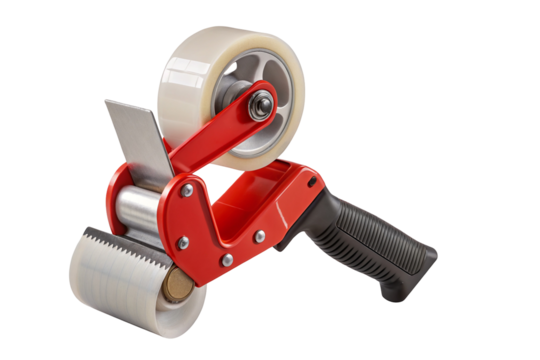 Red handheld tape dispenser with rolls of transparent tape isolated on a plain black background