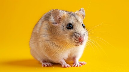 Fototapeta premium White and brown hamster with cute markings, sitting on flat yellow background, high resolution close-up