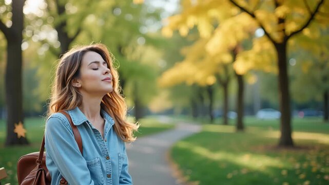 Rhinitis concept , Woman park surrounded by autumn foliage, holding note, experiences tranquility while sneezing amidst natures