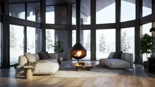 Cozy Cabin Winter Fireplace View.