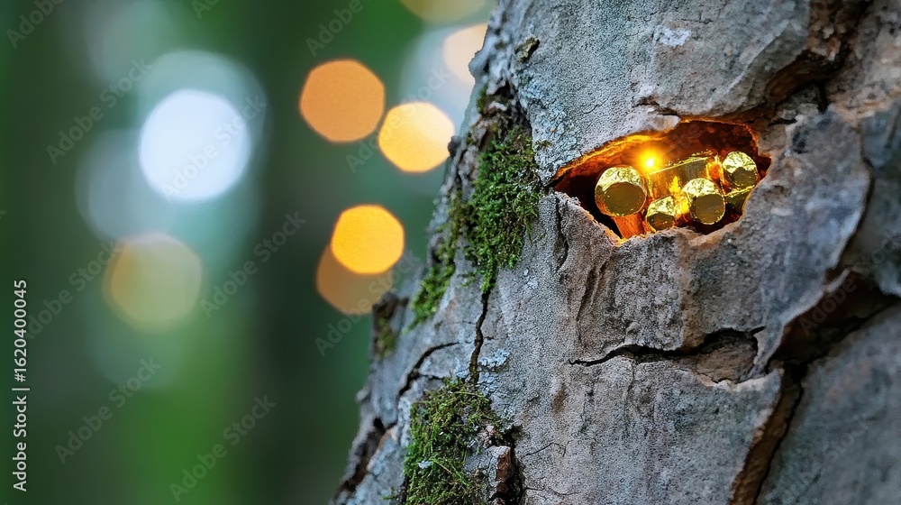 Aufkleber glowing lights in tree bark with beautiful bokeh background