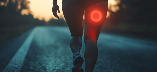 A woman running with knee pain and red joints — muscle strain and inflammation