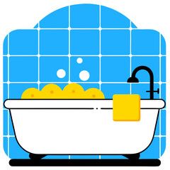 Bathtub with bubbles in blue tiled bathroom