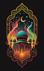 illustrations vector icon collection of Ramadan Islamic symbols items and a mosque.
