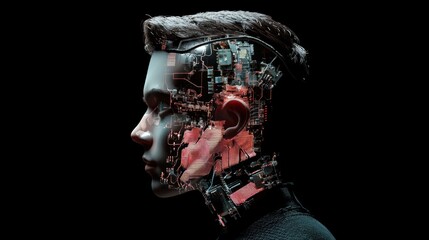 A cybernetic humanoid with a transparent face revealing AI circuits.