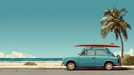 Vintage turquoise car with surfboard parked by the beach, perfect for travel and coastal adventures with summer vibes