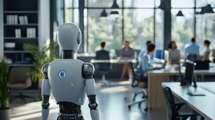 A high-tech office with an AI-powered assistant guiding a business team.