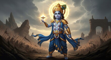 Naklejka premium Warrior Style Little Krishna with Chakra – Heroic Krishna HD Wallpaper for Desktop & Tablet