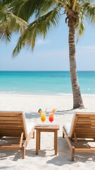 Close-up of colorful cocktails on wooden table between sun loungers under palm tree at tropical beach.