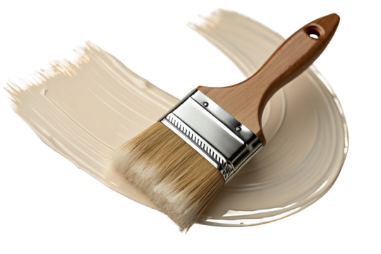 Wide flat paintbrush with wooden handle on light beige painted swirl background image