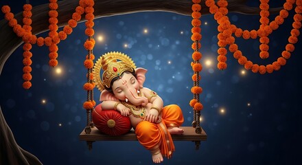 Adorable sleeping lord ganesha on a swing surrounded by marigold garlands and soft bokeh