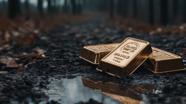 Gold Bars on a Wet Path Among Leaves in a Misty Forest Scene - Powered by Adobe