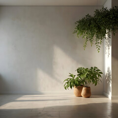 White round wooden pedestal with palm tree shadows. Background is white wall and white marble floor.