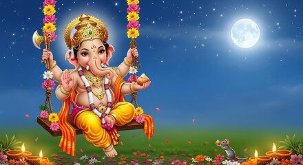 Beautiful illustration of lord ganesha on a swing celebrating with the night sky