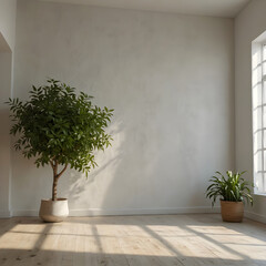 White round wooden pedestal with palm tree shadows. Background is white wall and white marble floor.