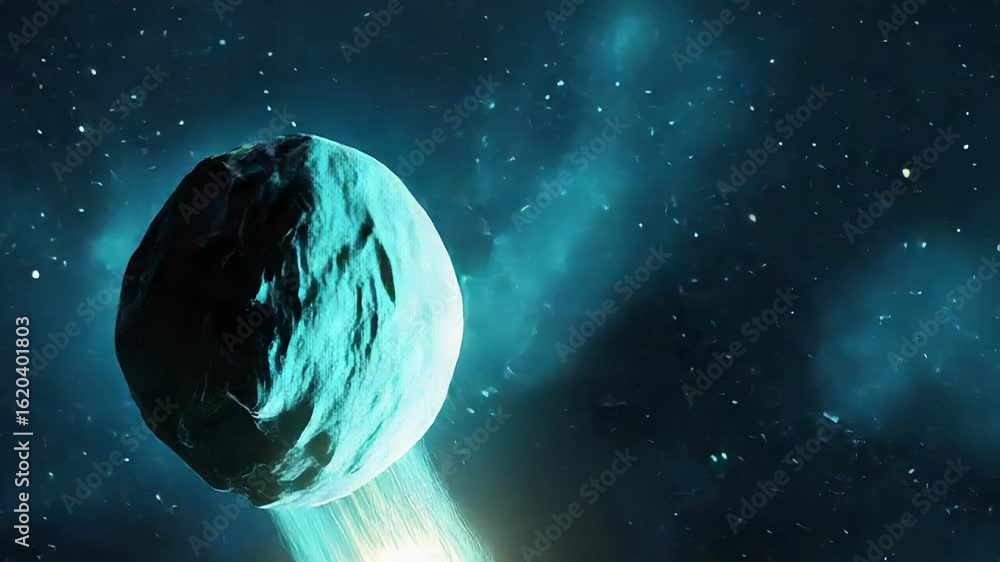 Poster bright comet traveling through deep space with nebulae