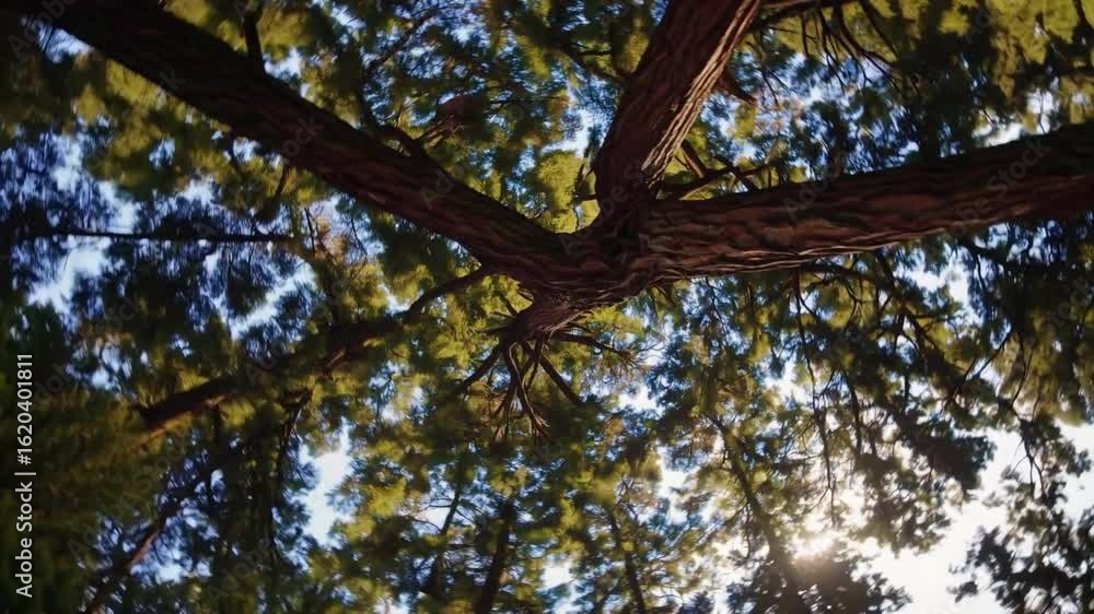 Poster warm sunlight penetrating dense redwood forest canopy, casting dappled light and creating serene atm
