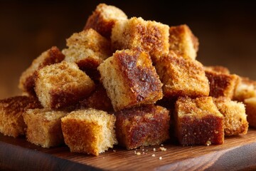 Crunchy homemade croutons piled high on a wooden board, perfect for salads or soups in a cozy kitchen setting