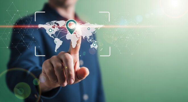 A persons finger touching a digital world map with location pins, representing global connectivity and technological advancement