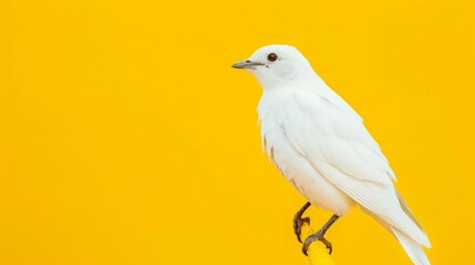 Fototapeta premium White bird perched on vibrant yellow backdrop, minimalistic, isolated subject, sharp focus