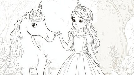 Create a children's coloring book page featuring a princess in a beautiful dress with unicorn. Use bold lines to outline the design, making it easy for young children to color. The style should be cut