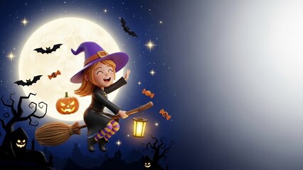Naklejka premium Cute cartoon witch girl flying on broomstick under full moon with Halloween pumpkins, bats, and candies. Spooky night sky background with empty space for text on the right.