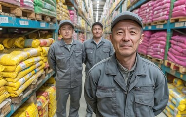 Fototapeta premium Warehouse Team in Grey Uniforms posing for portrait, surrounded by packed shelves. Professional warehouse workers representing work and storage environment.