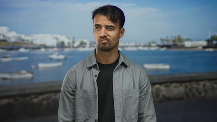 Young hispanic man with arms crossed looking sad at a seaside port with boats and a blue sky in the...