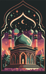 illustrations vector icon collection of Ramadan Islamic symbols items and a mosque.
