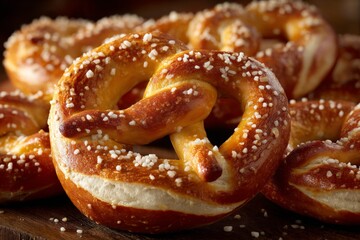 Freshly baked soft pretzels sprinkled with coarse salt displayed on a wooden board