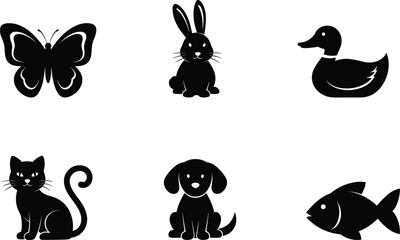 Cad drawing flat vector illustration of six animal silhouettes, butterfly, rabbit, duck, cat, dog, fish, minimal clipart