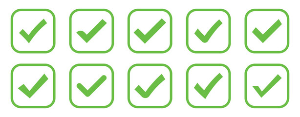 Vector of Green check mark, isolated tick symbols, checklist signs, and an approval badge. Flat and modern checkmark design, vector illustration.