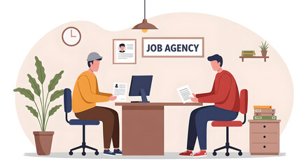 Two men at a job agency office, one interviewing the other. Job seeker meeting with recruitment consultant for employment.