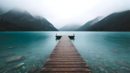Obraz premium Symmetrical landscape of a wooden dock over clear turquoise water, foggy mountains, and soft light.