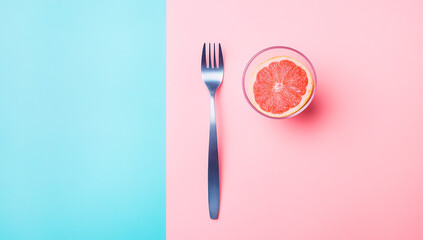 Glass and fork with pink grapes on pastel background