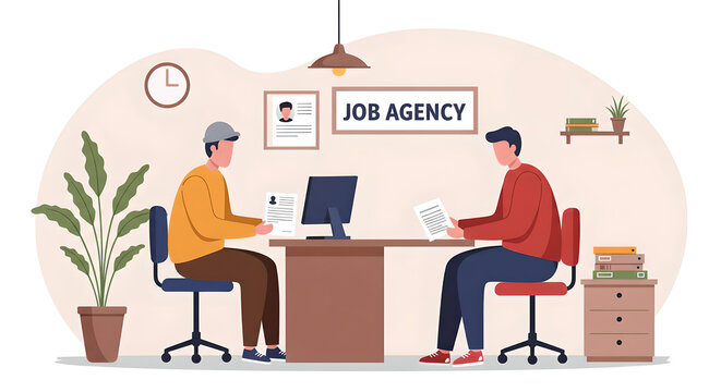 Two men at a job agency office, one interviewing the other. Job seeker meeting with recruitment consultant for employment.