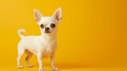 White Chihuahua standing on yellow background, playful and alert, high-resolution stock photo style