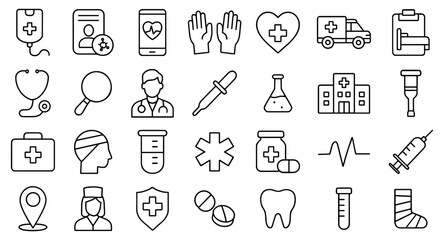 Fototapeta premium Medical healthcare icons set with hospital ambulance and doctor symbols line art in minimalistic style depicting health concepts and clinic services isolated on white background