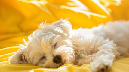 White dog sleeping peacefully on yellow background, pet lifestyle concept, soft lighting