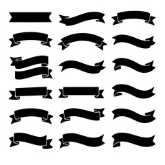18 black ribbon banners in diverse shapes and styles. Designed for professional branding and decorative use, this collection is ideal for logos, badges, labels, certificates, and retro-themed graphic 