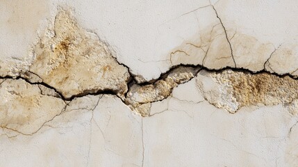 Close-up of cracks in an aged travertine wall, showcasing natural texture and weathered appearance, with old stone and new concrete contrast highlighted by the cracked surface.