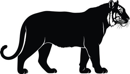 Cad Drawing Flat Vector Illustration, Black and White Tiger Silhouette Side Profile with Tail Detail for Nature, Jungle, Wildlife Themes