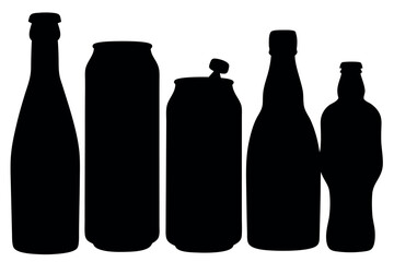 Five drink containers display various shapes and sizes in bold black silhouette with transparent background