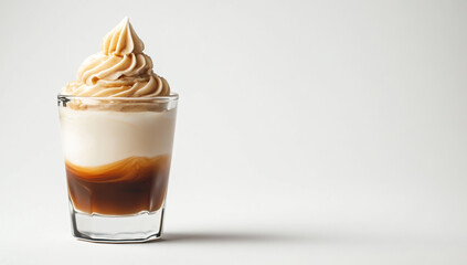 Layered espresso and cream in a shot glass on a white background