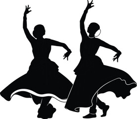 Dancing silhouette of two performers in flowing skirts, elegant pose, artistic motion, expressive style, cad drawing flat vector illustration