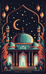 illustrations vector icon collection of Ramadan Islamic symbols items and a mosque.
