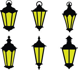 glowing lantern collection, vintage and modern light designs, yellow highlights, decorative illumination, cad drawing flat vector illustration